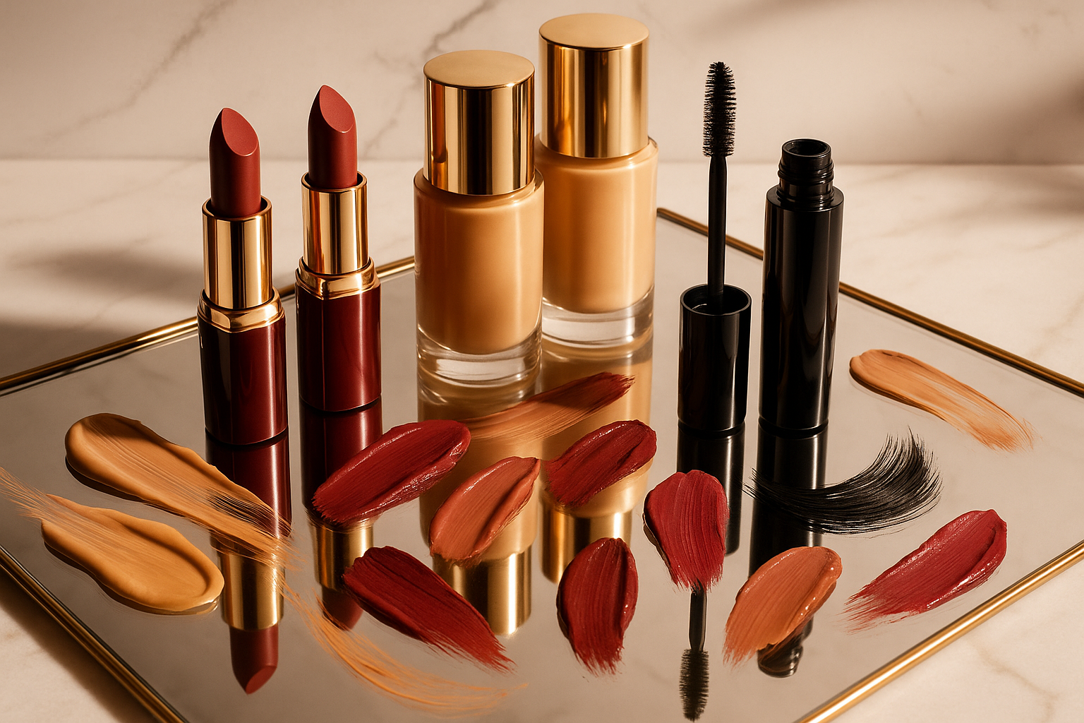 a lipstick, mascara and foundation display of luxury makeup smudged on mirror 