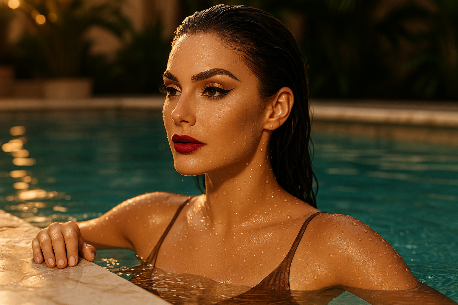 beautiful woman exiting swimming pool with flawless waterproof makeup