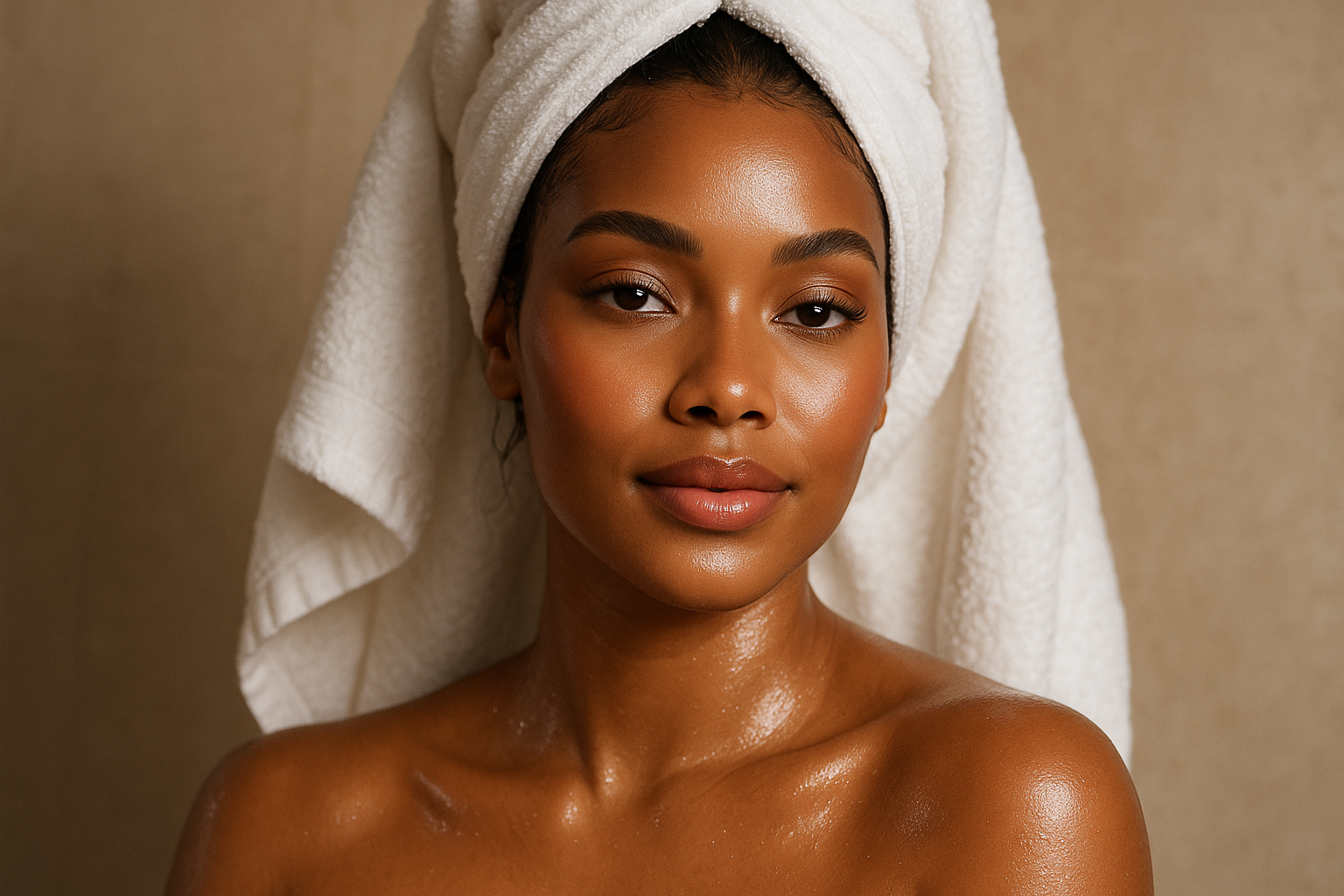 Brown skin beautiful woman fresh out of shower with flawless makeup