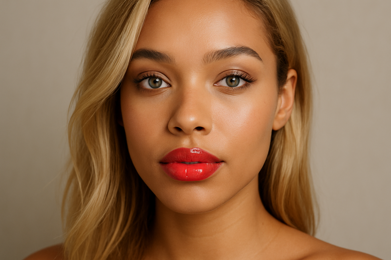 young blond beautiful mixed race woman with blue eyes wearing light flawless makeup with bold color lip gloss